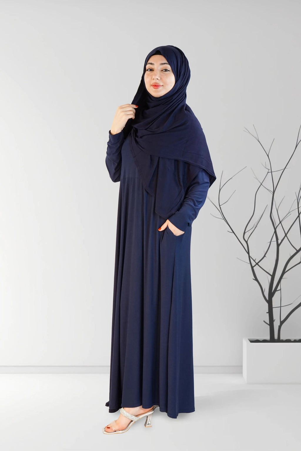 Navy Flared Plain Jersey Abaya | Almanaar Islamic Store