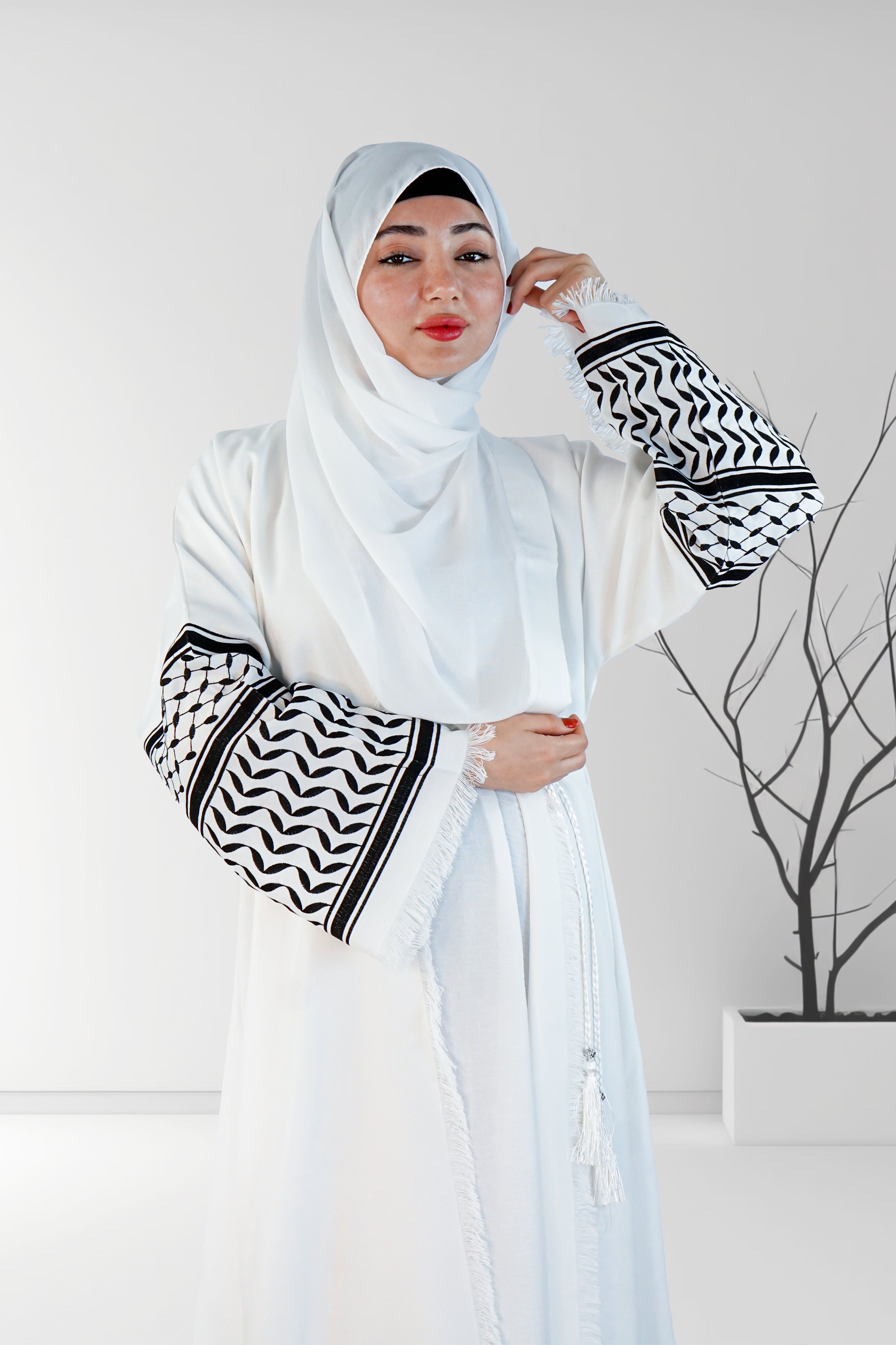 Palestinian Embroidery 3-Piece Open Abaya White - almanaar Islamic Store