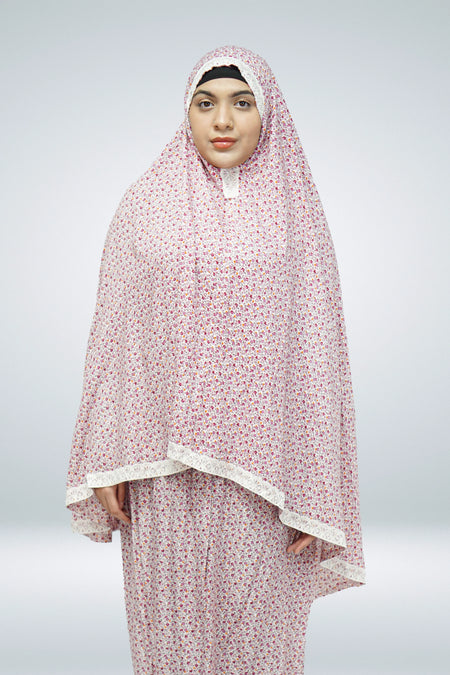 Two Piece Jersey Material Printed Prayer Dress with Lace Pink - almanaar Islamic Store