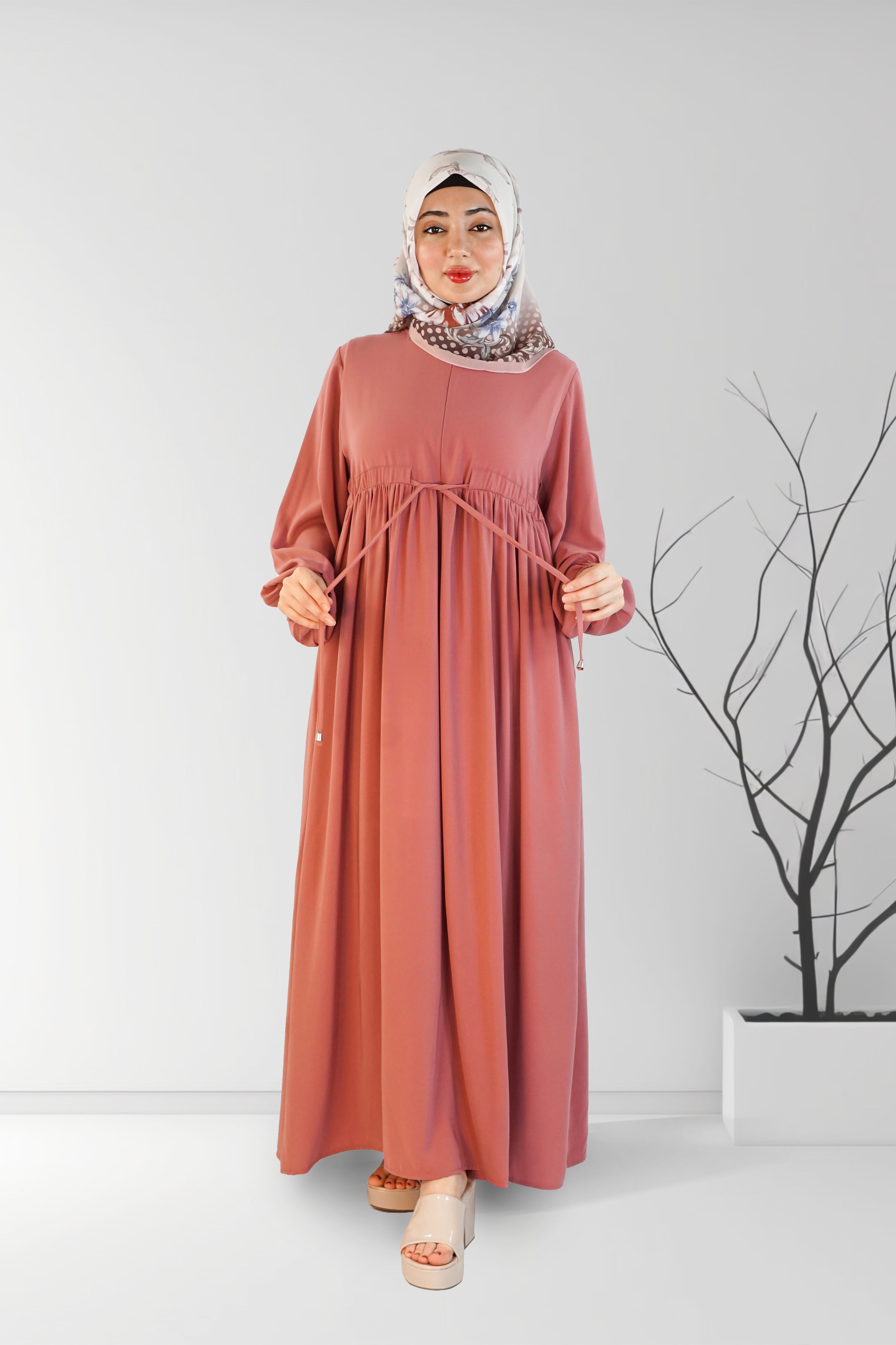 Long Summer Dress with Belt Light Peach | Almanaar Islamic Store