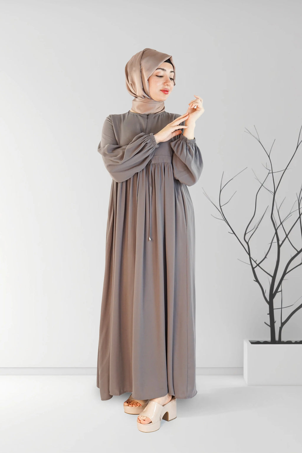 Long Summer Dress with Belt Grey | Almanaar Islamic Store