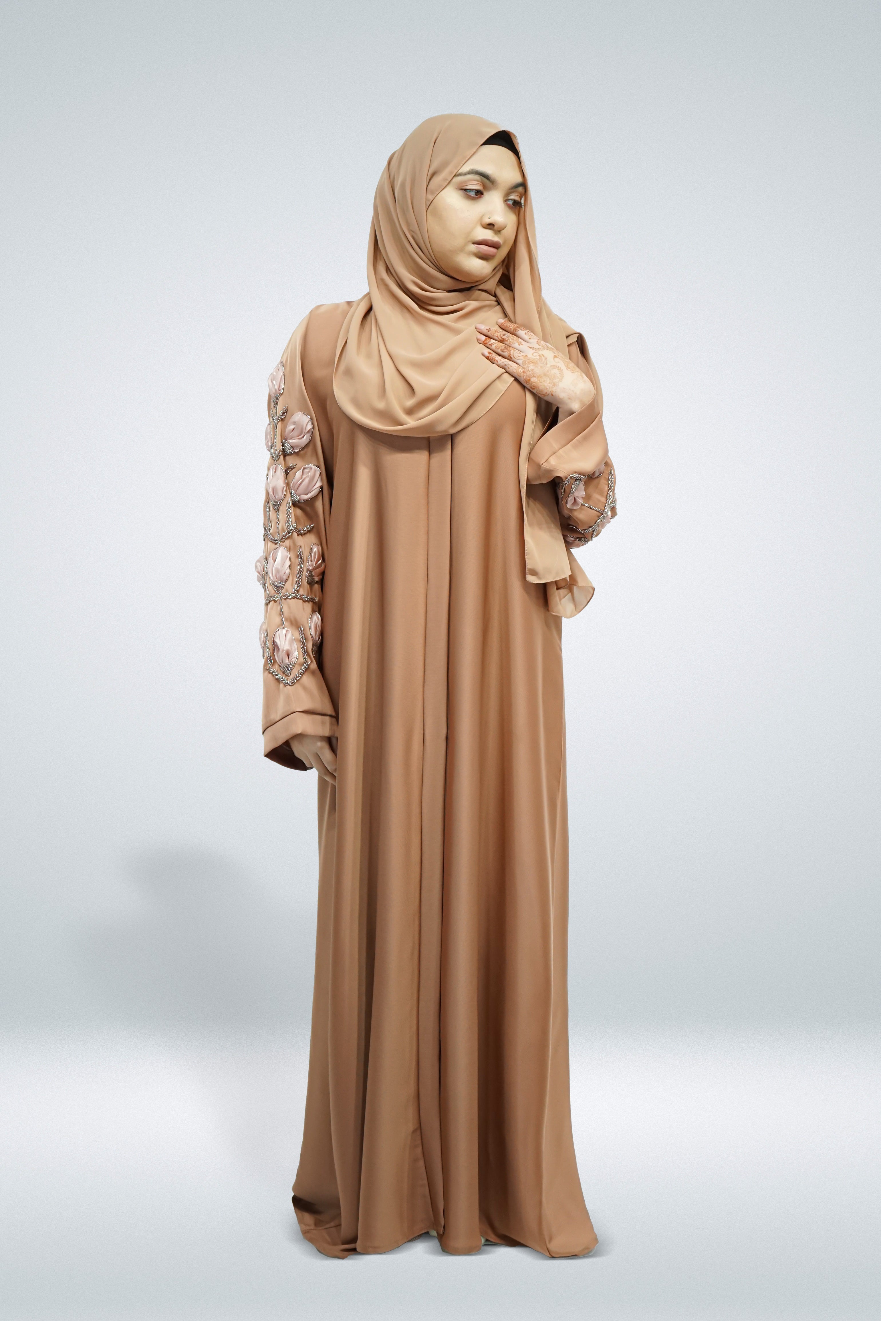 Nude Open Abaya with Belt and Intricate Sleeve Work - almanaar Islamic Store