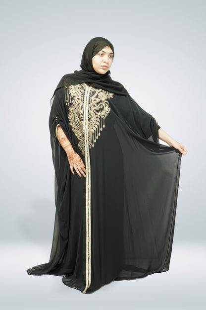 Black Chiffon Farasha Abaya with Zari and Stone Embellishments