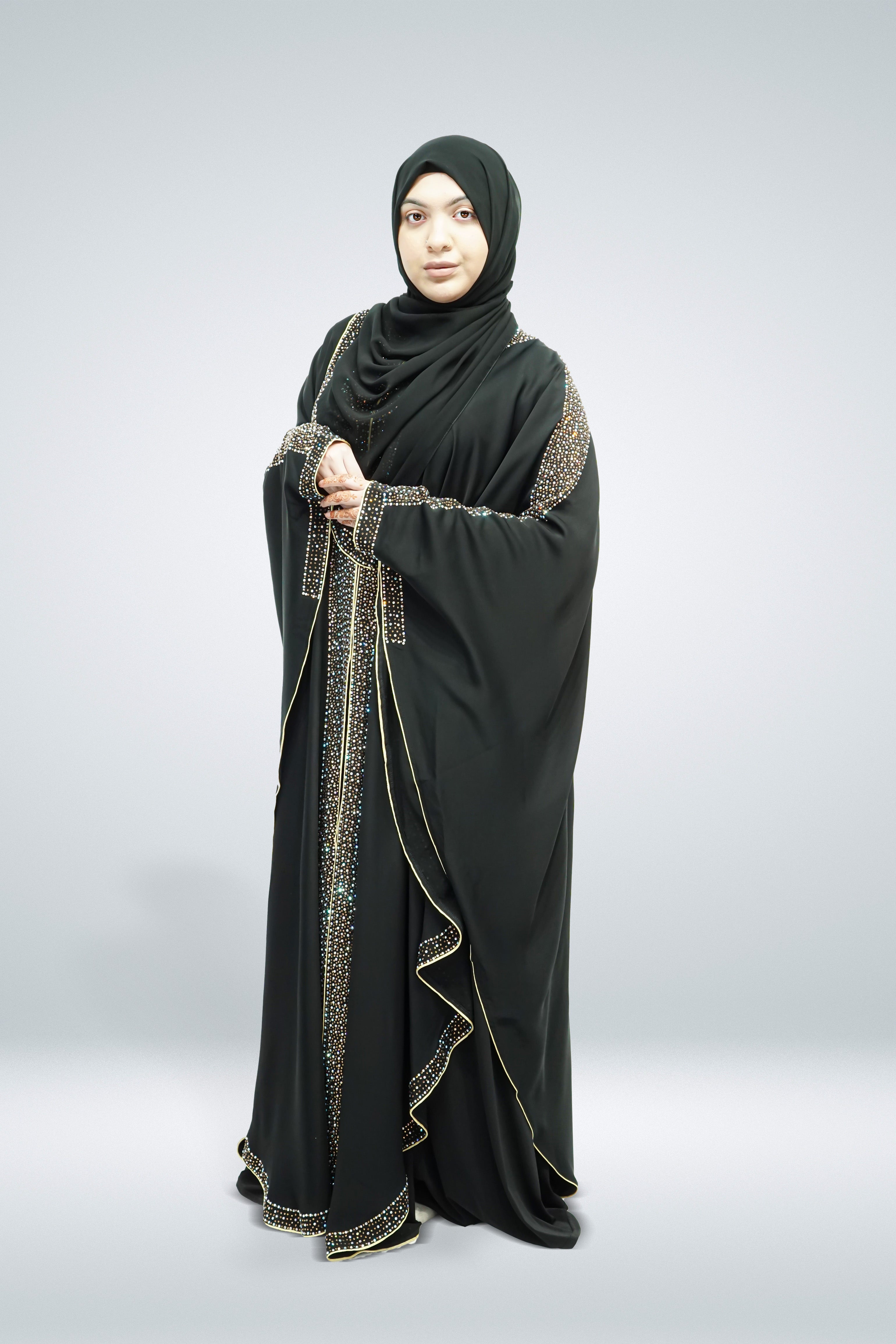 Black Open Farasha with Heavy Stone Work Border - almanaar Islamic Store