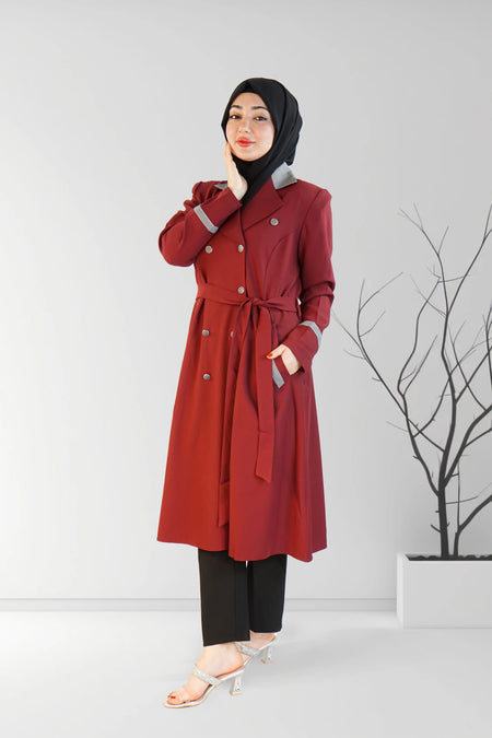 Short Check Collar Stylish Coat Maroon | Almanaar Islamic Store