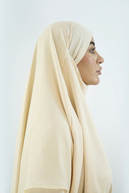 Elegant 2-Layer Khimar – Modina Silk & Chiffon Beige almanaar Islamic Store