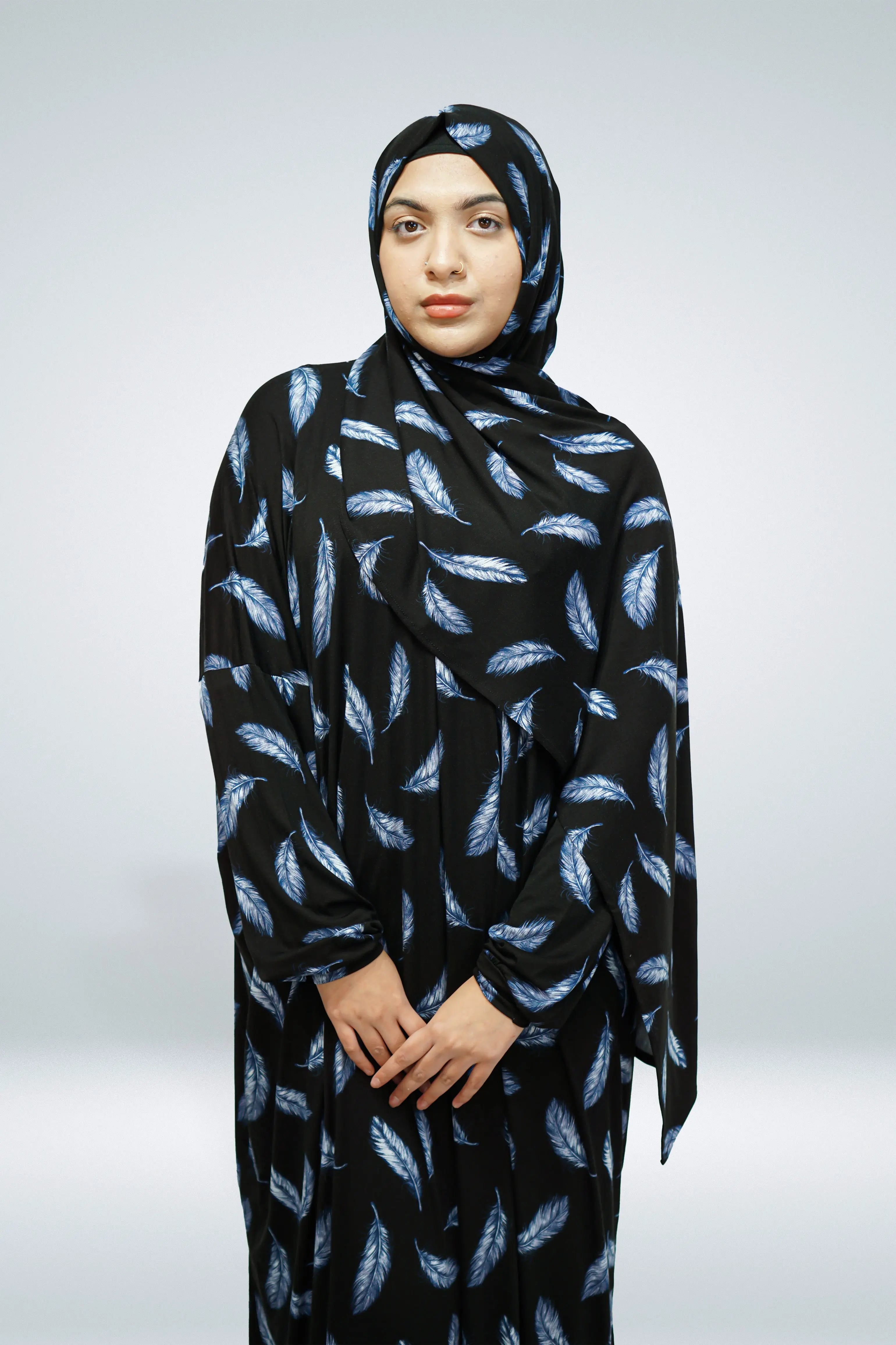 One Piece Jersey Material Printed Prayer Dress Black - almanaar Islamic Store