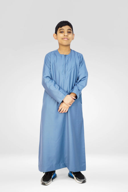 Omani Style Collarless Kids’ Thobe with Zip – Sky Blue - almanaar Islamic Store