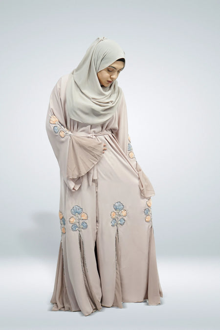 Light Pink Open Abaya with Flower Bead Embellishments - almanaar Islamic Store