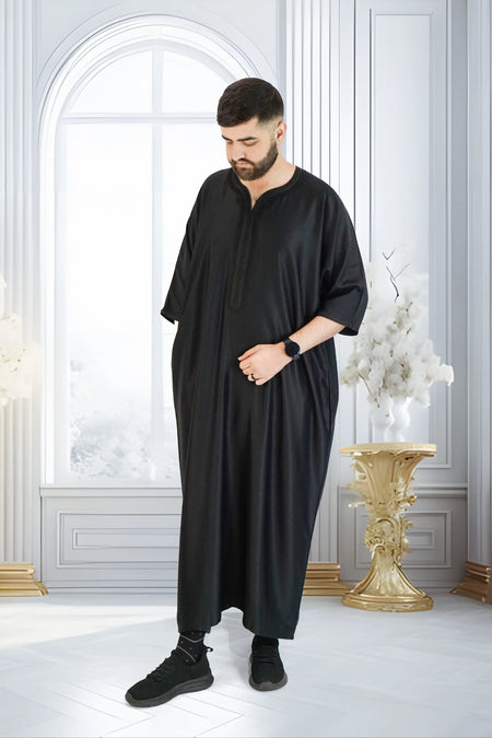 Moroccan Gabardine Short Sleeve Thobe - Black - almanaar Islamic Store