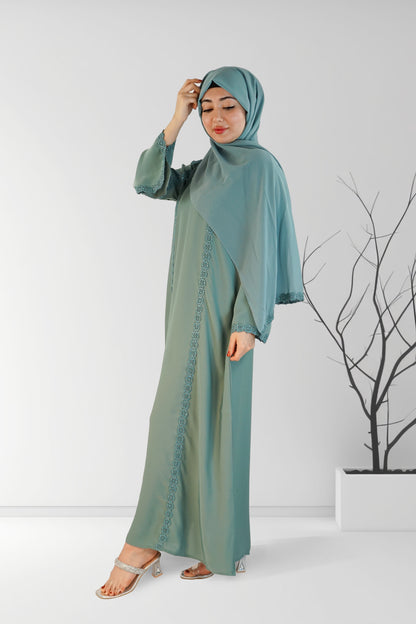 Flower Lace One Button Luxury Abaya Sea Green | Almanaar Islamic Store