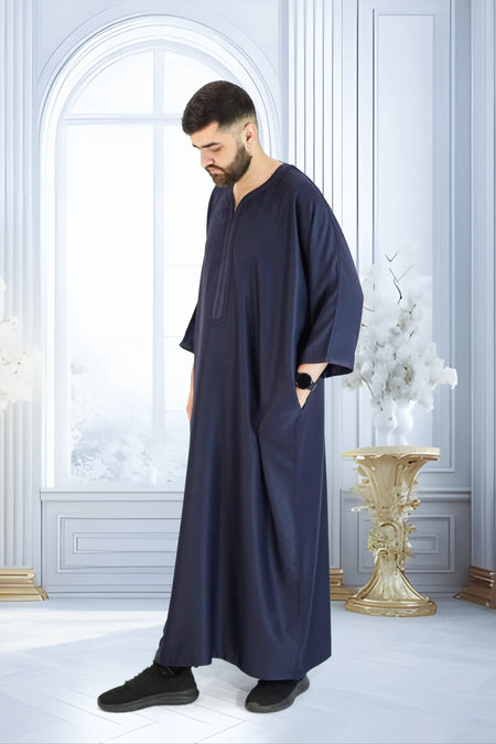 Moroccan Gabardine Short Sleeve Thobe - Navy - almanaar Islamic Store