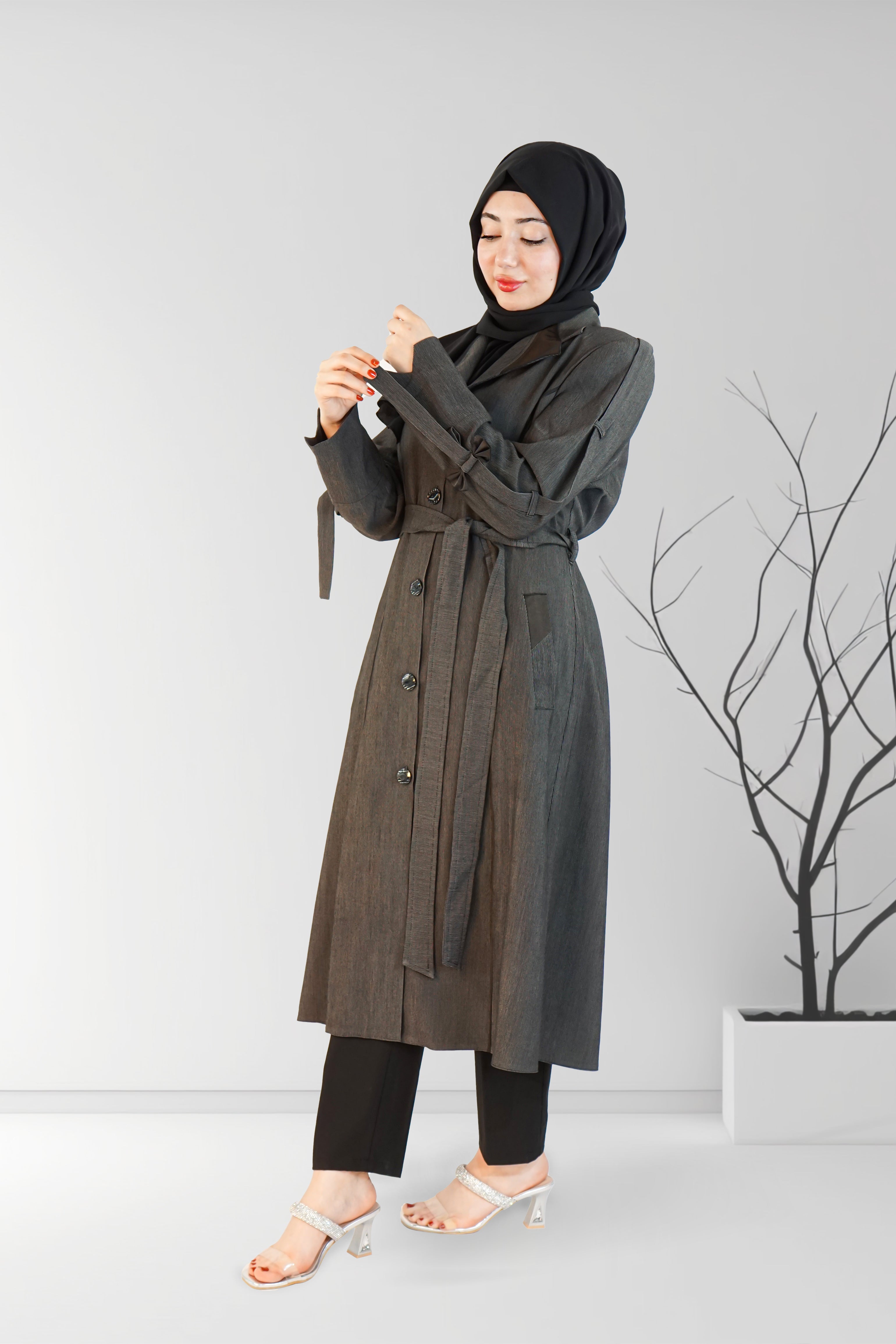 Stylish Striped Short Coat Dark Grey | Almanaar Islamic Store