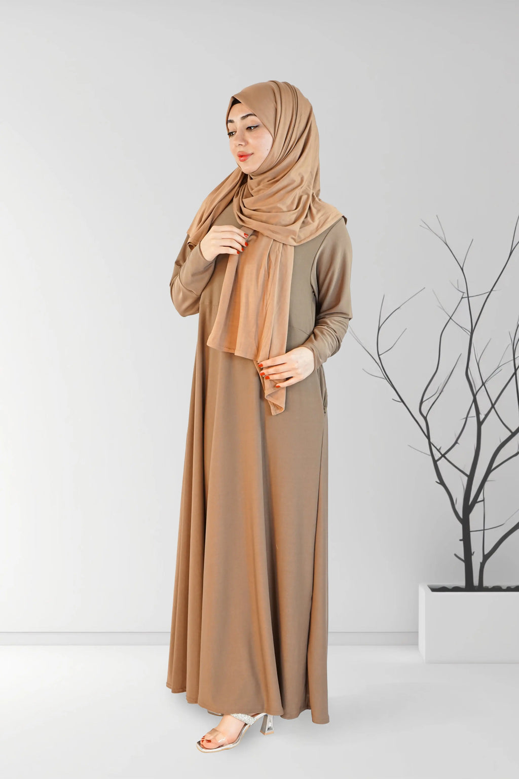 Caramel Flared Plain Jersey Abaya | Almanaar Islamic Store