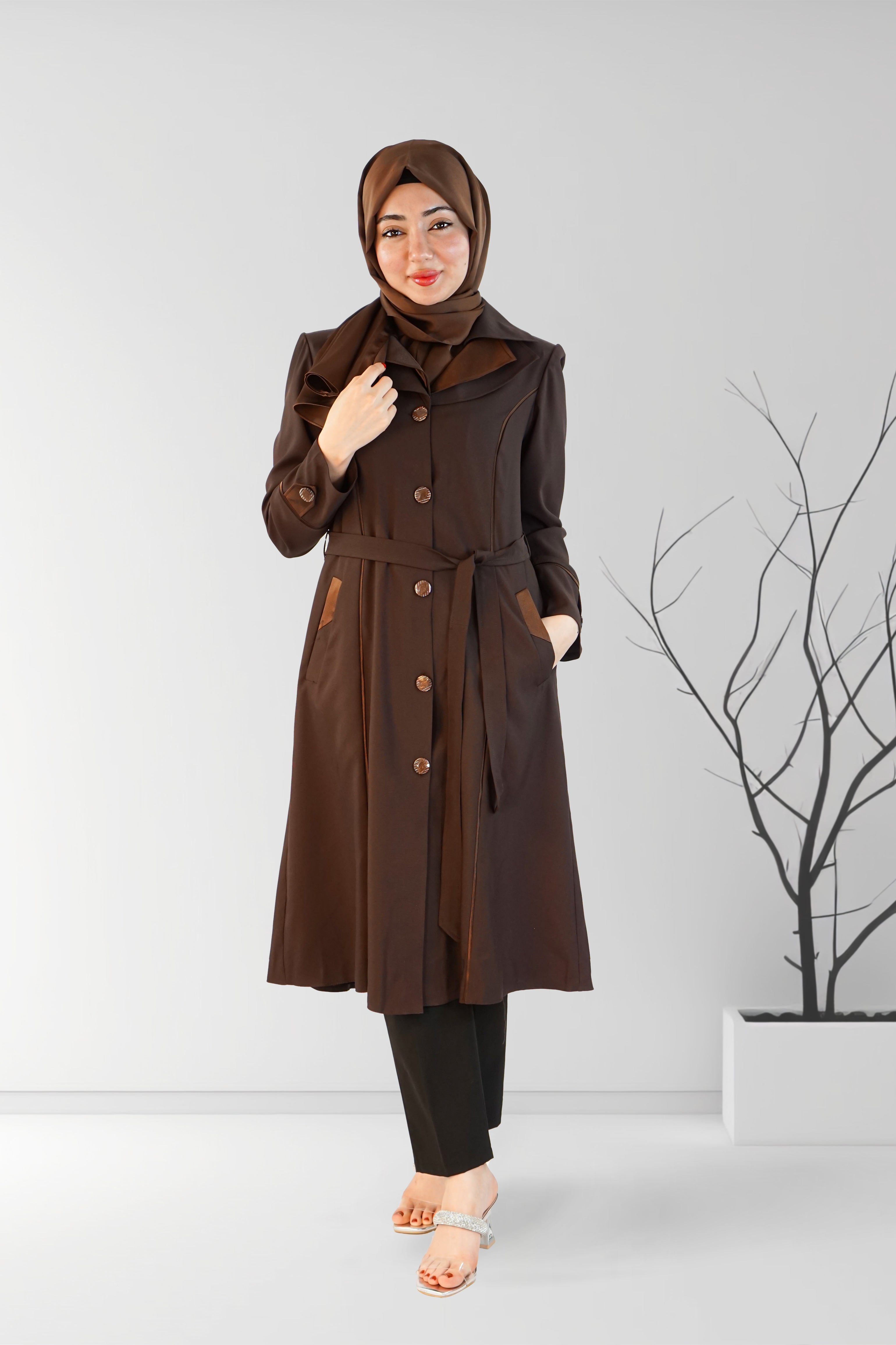  Dark Brown Short Coat with Fancy Button and Pocket | Almanaar Islamic Store