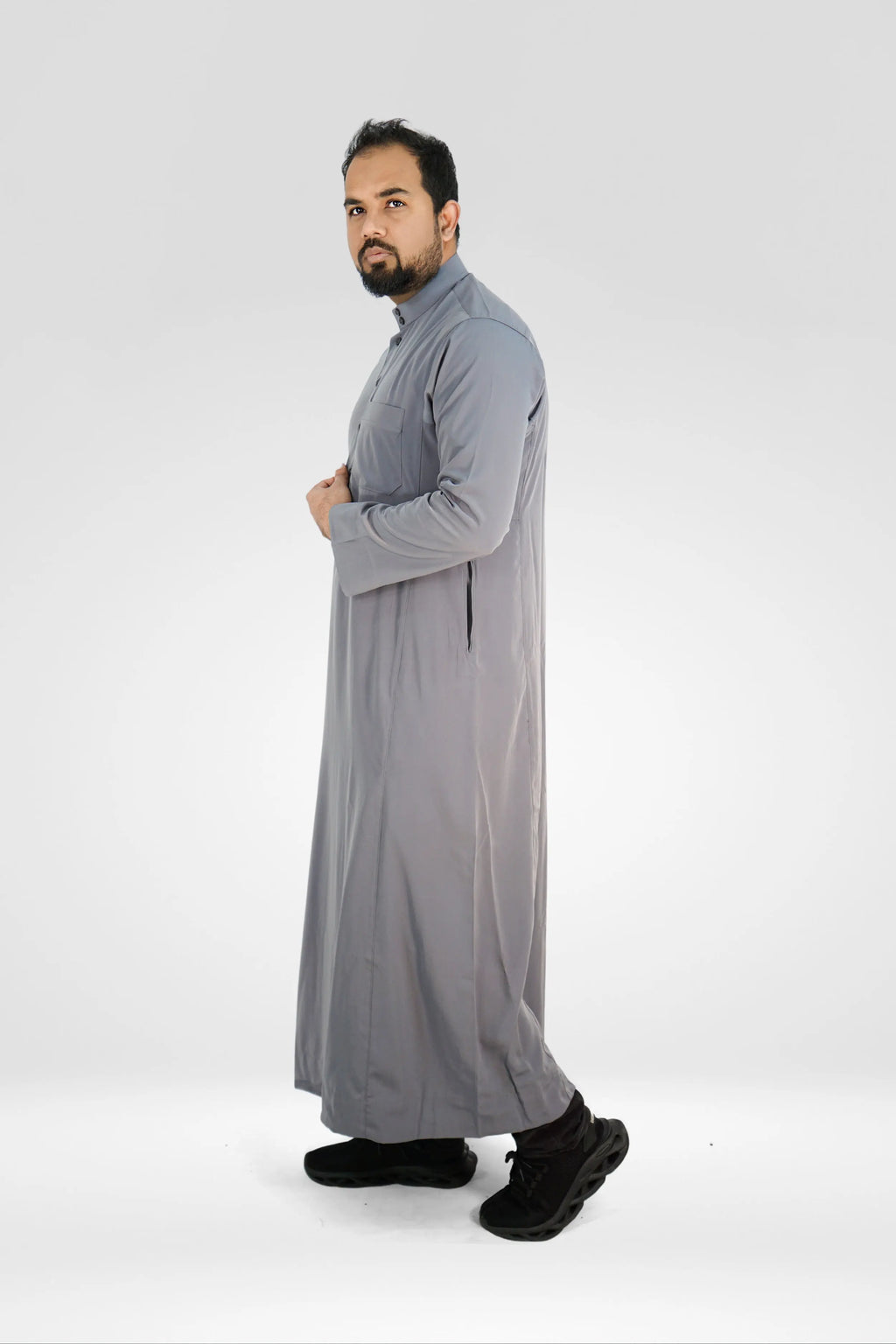 Plain Classic Saudi Thobe With Collar Grey almanaar Islamic Store