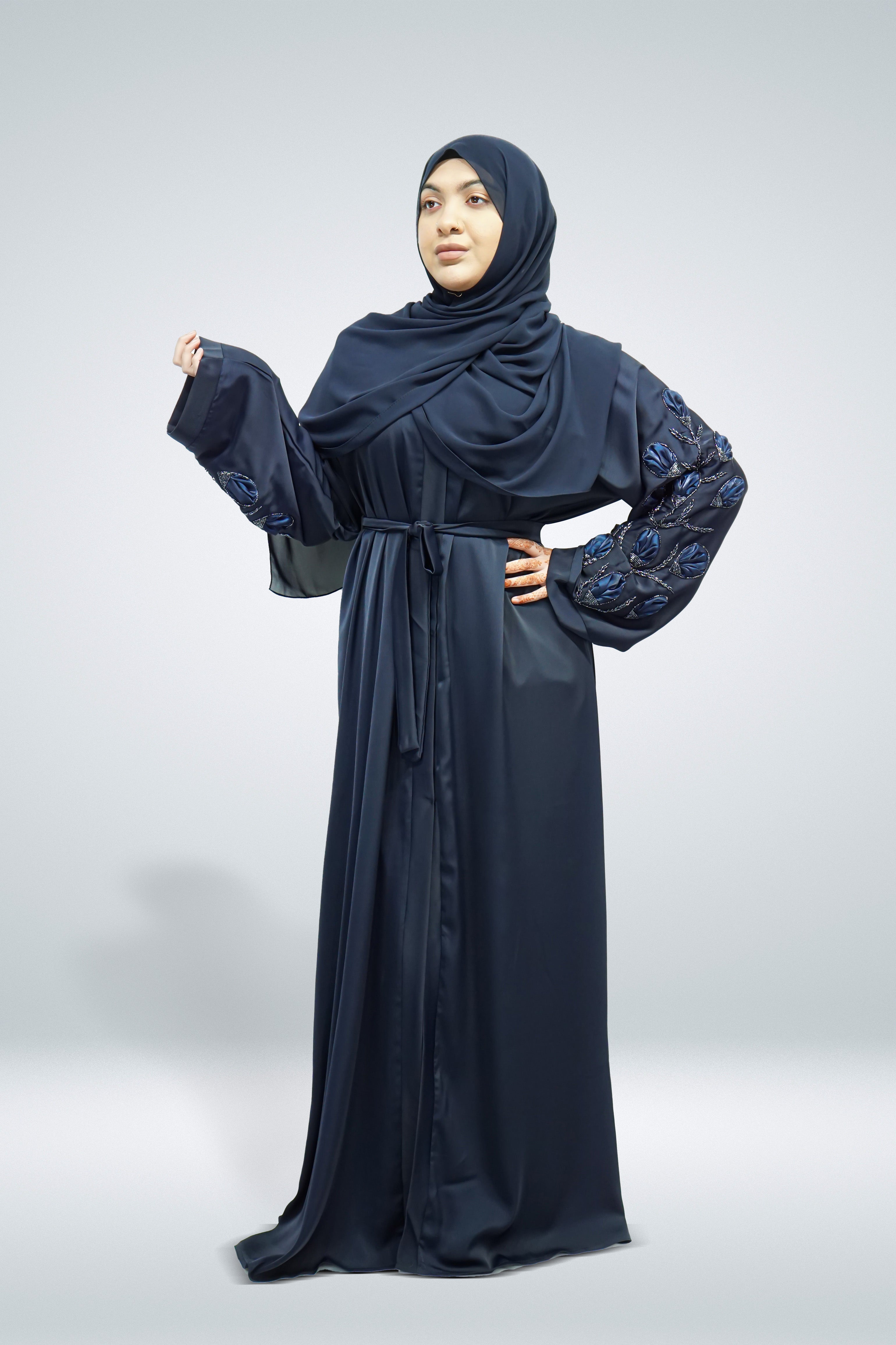 Navy Open Abaya with Belt and Intricate Sleeve Work - almanaar Islamic Store