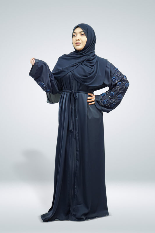 Navy Open Abaya with Belt and Intricate Sleeve Work