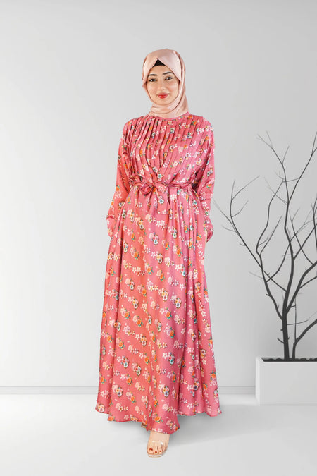 Satin Floral Printed Long Dress with belt | Almanaar Islamic Store