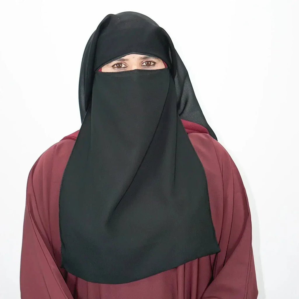 2 Layer Tie Back Niqab Black Large - almanaar Islamic Store