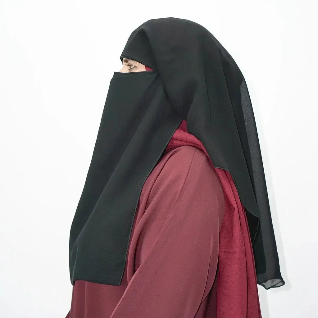 2 Layer Tie Back Niqab Black Large - almanaar Islamic Store