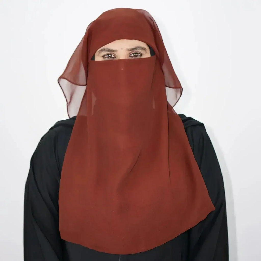 2 Layer Tie Back Niqab Brown Small - almanaar Islamic Store