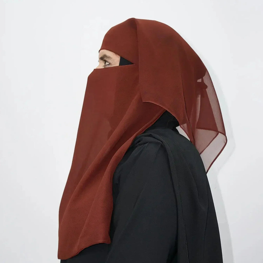 2 Layer Tie Back Niqab Brown Small - almanaar Islamic Store