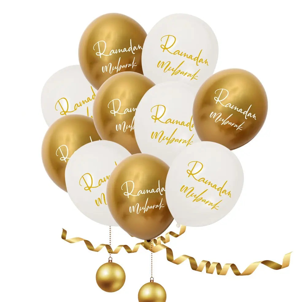 Ramadan Mubarak Balloons – White & Gold Mix (Pack of 10) China