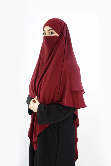 Two-Layer Khimar with Niqab – Modina Silk & Chiffon Maroon almanaar Islamic Store