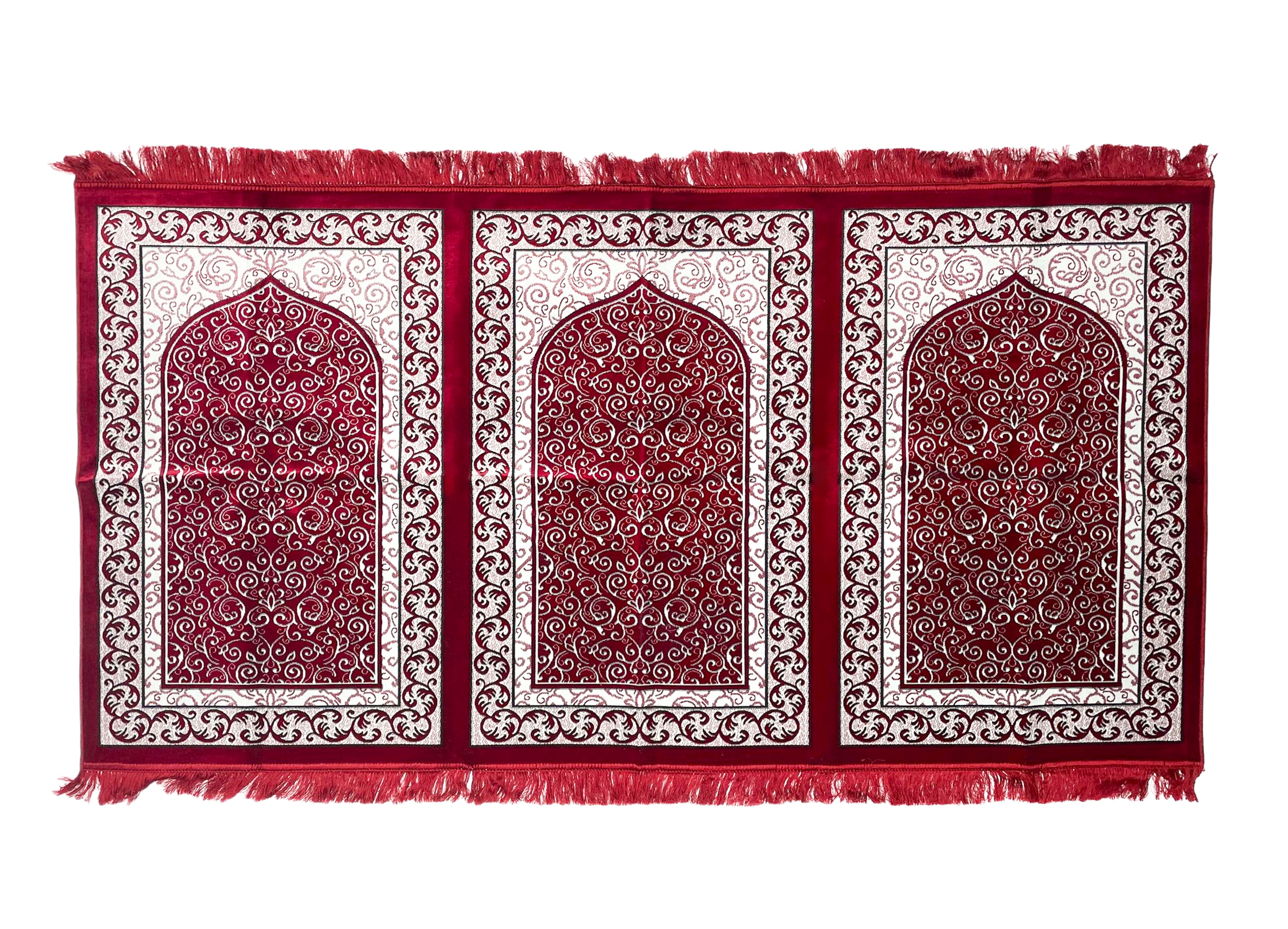 3 Person Maroon Soft Velvet Mirab Pattern Turkish Islamic Prayer Mat - almanaar Islamic Store