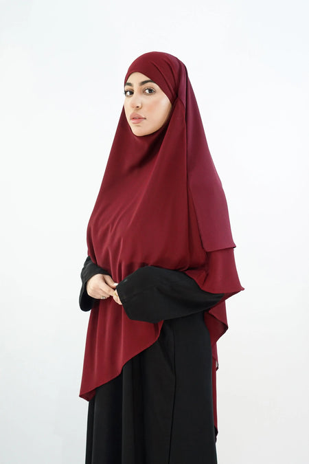 Two-Layer Khimar with Niqab – Modina Silk & Chiffon Maroon almanaar Islamic Store