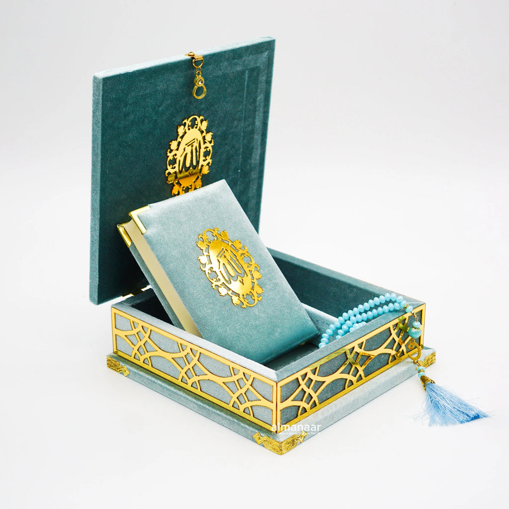 Fancy Sky Blue Gift Box Velvet with full Qur'an Tasbeeh|Islamic Wedding Gifts |Muslim Gifts - almanaar Islamic Store