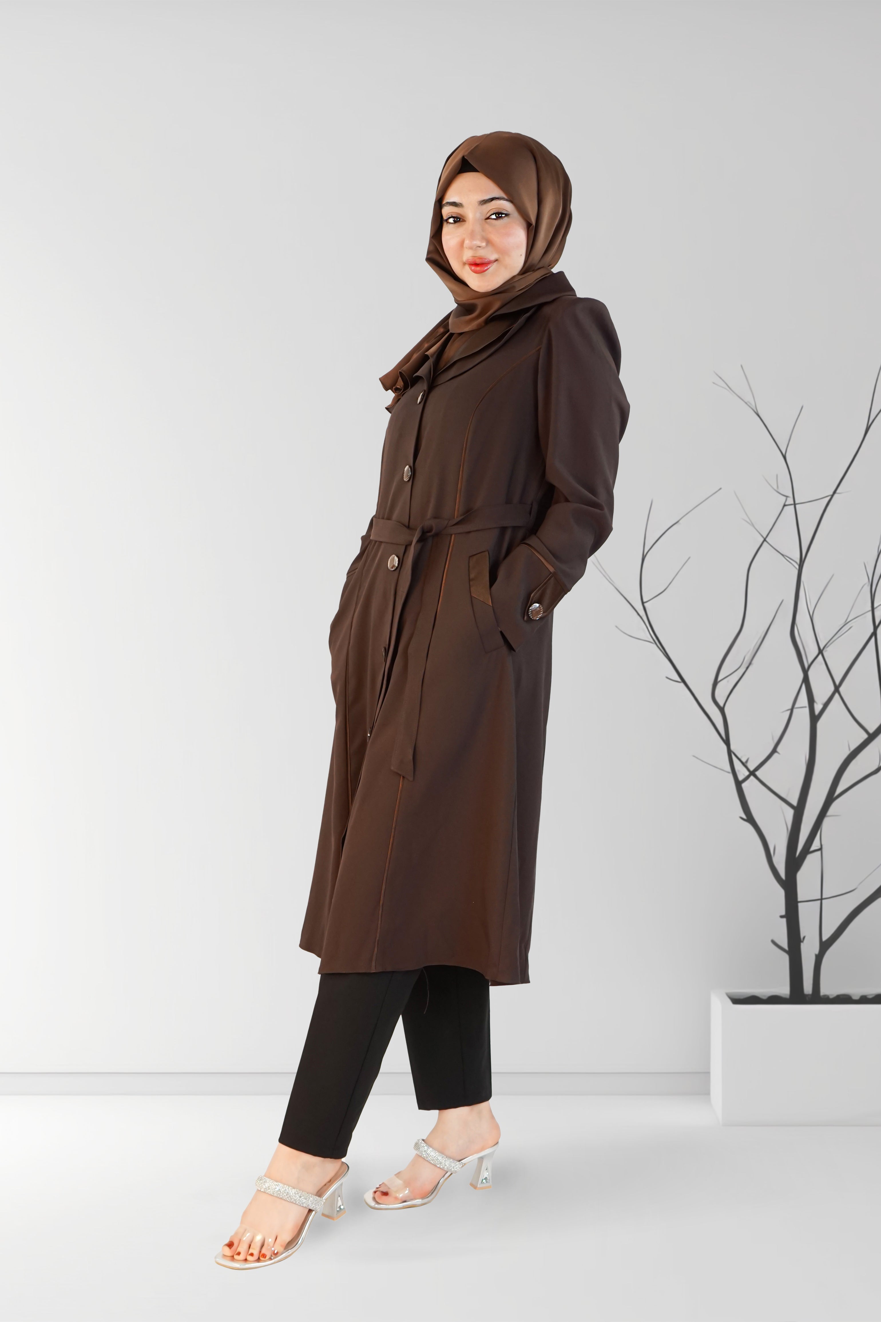  Dark Brown Short Coat with Fancy Button and Pocket | Almanaar Islamic Store