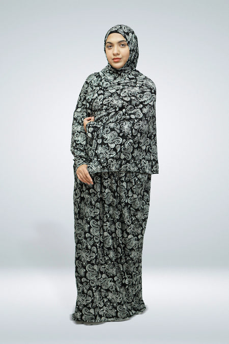 One Piece Jersey Material Printed Prayer Dress Black & White - almanaar Islamic Store