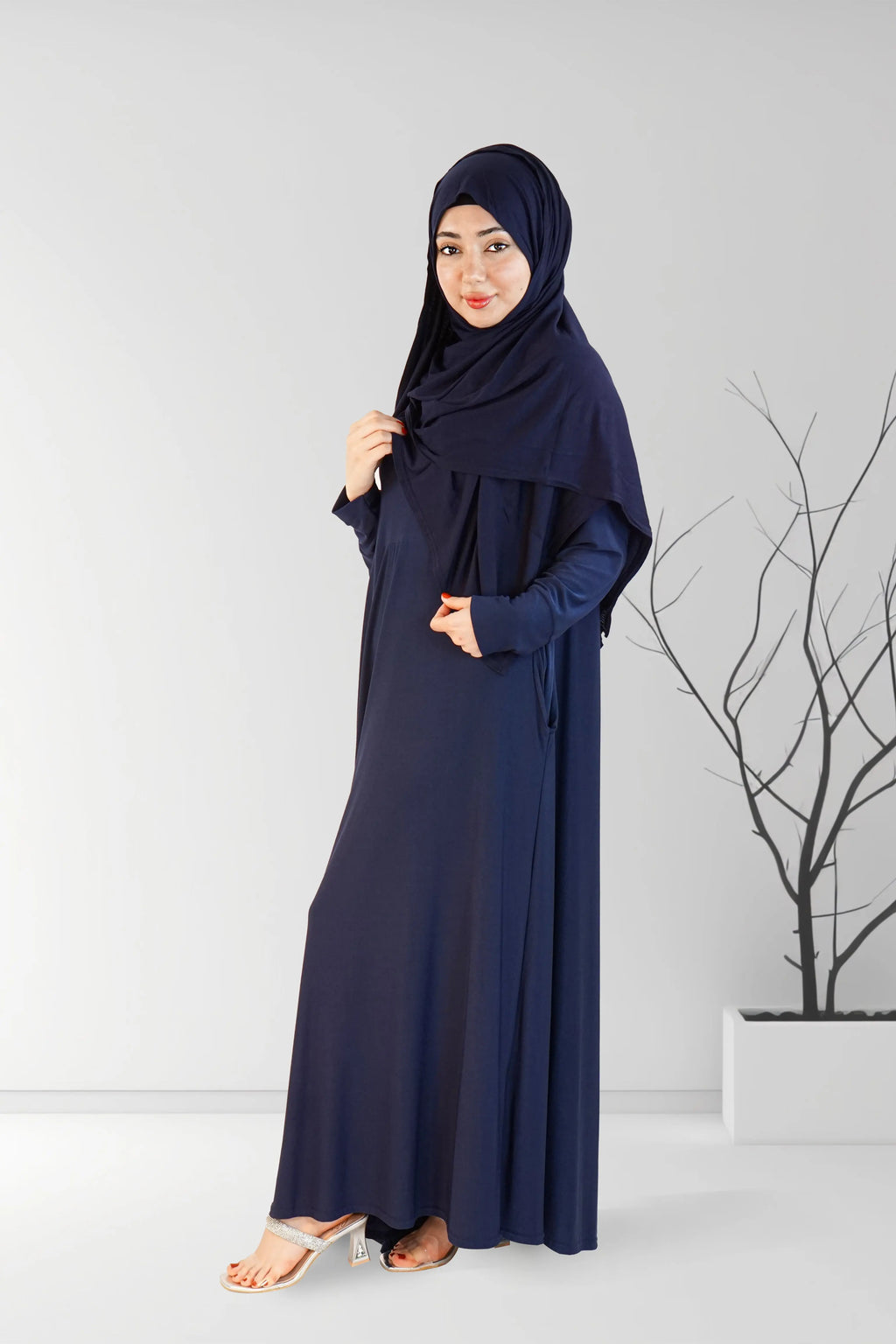 Navy Flared Plain Jersey Abaya | Almanaar Islamic Store