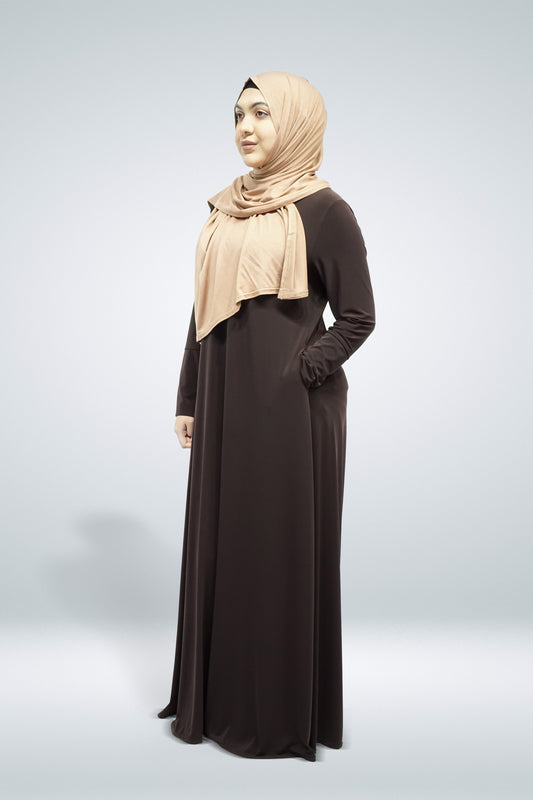 Dark Brown Plain Jersey Abaya With Pocket