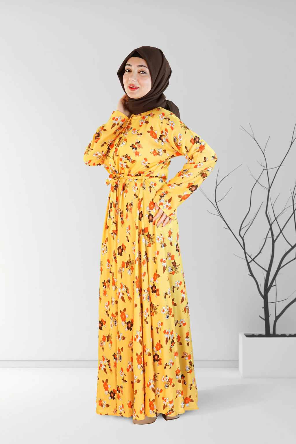 Floral Printed Long Dress with Belt Yellow | Almanaar Islamic Store