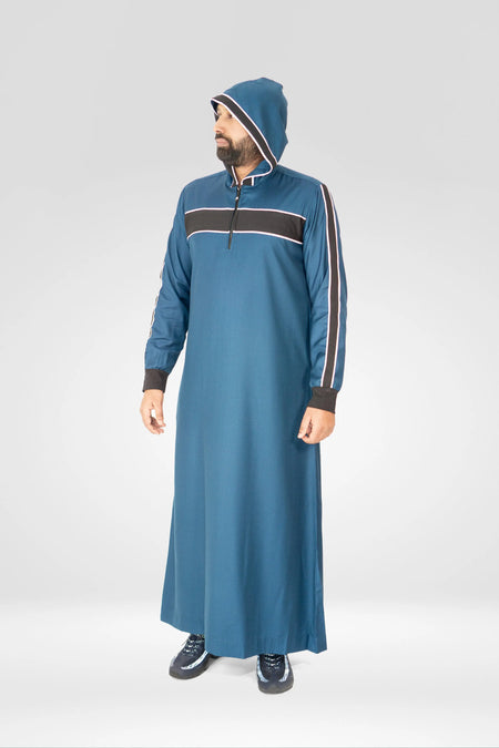 Sporty Hooded Thobe – Teal & Black Striped Design almanaar Islamic Store