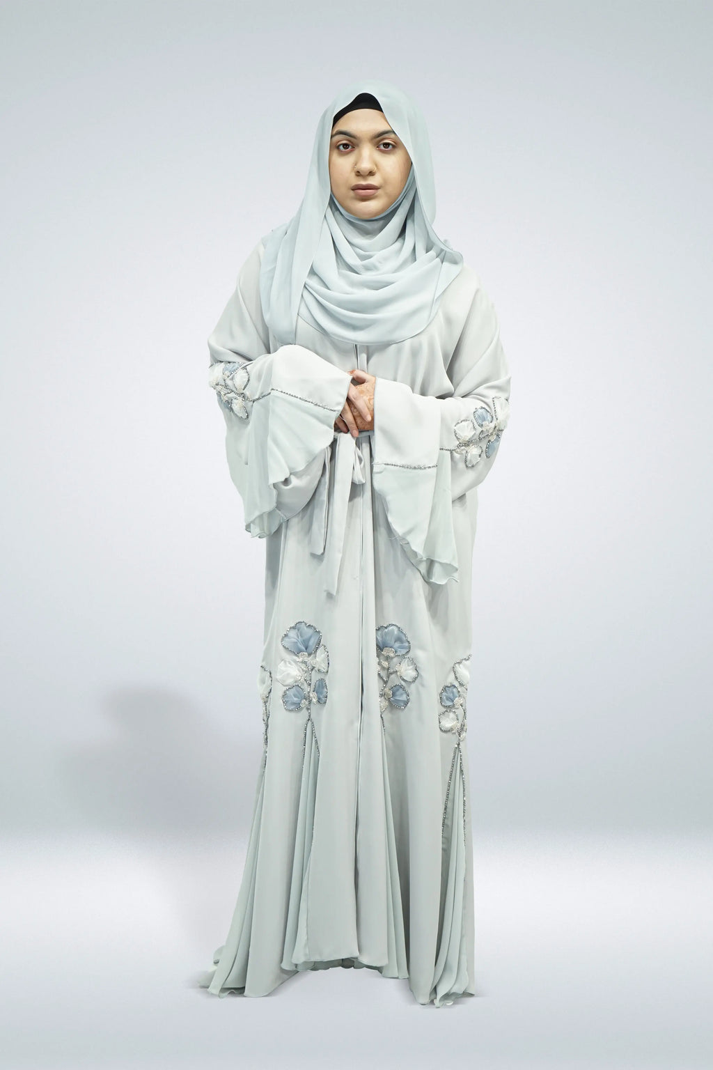 Light Blue Open Abaya with Flower Bead Embellishments - almanaar Islamic Store