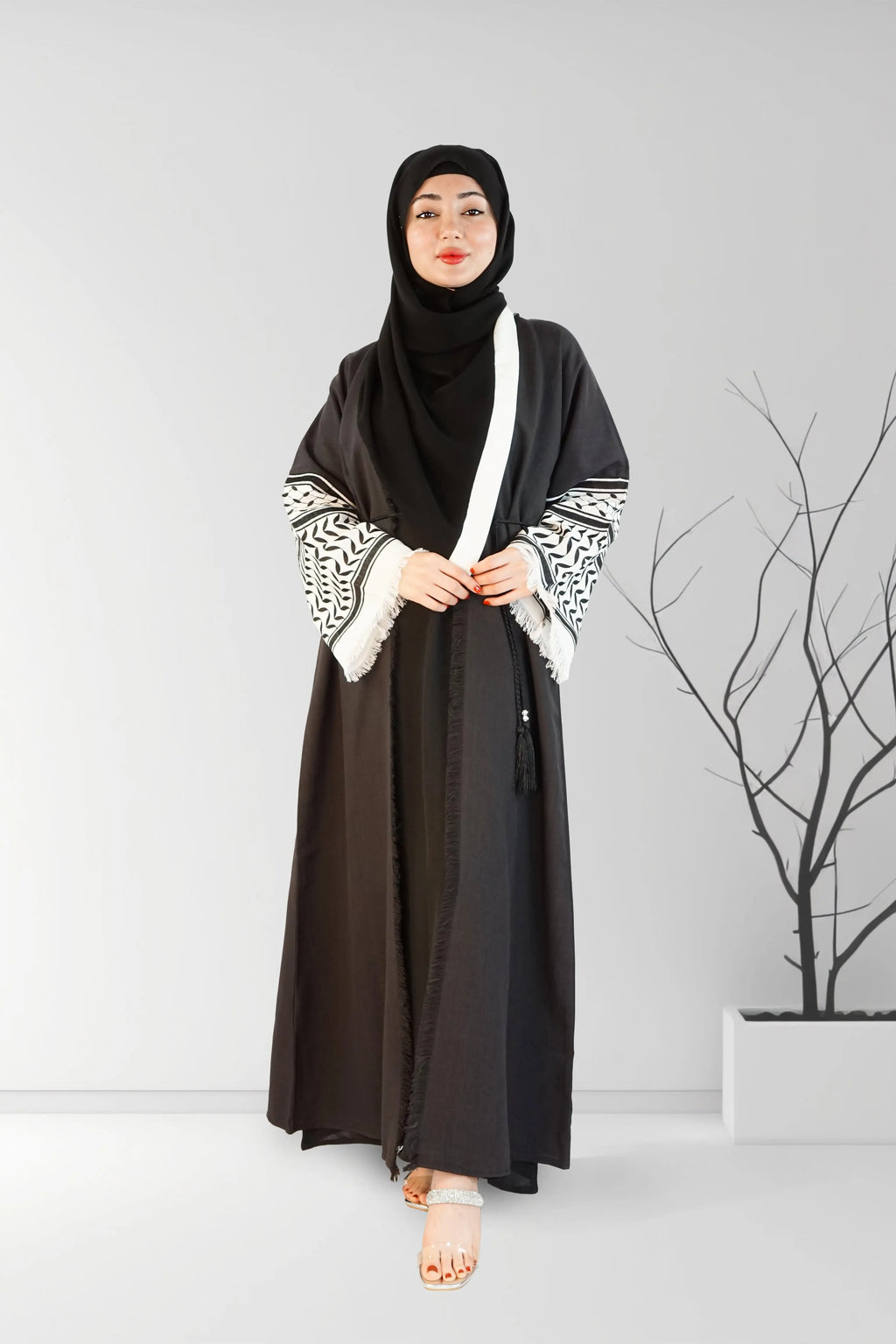 Palestinian Embroidery 3-Piece Open Abaya Black - almanaar Islamic Store