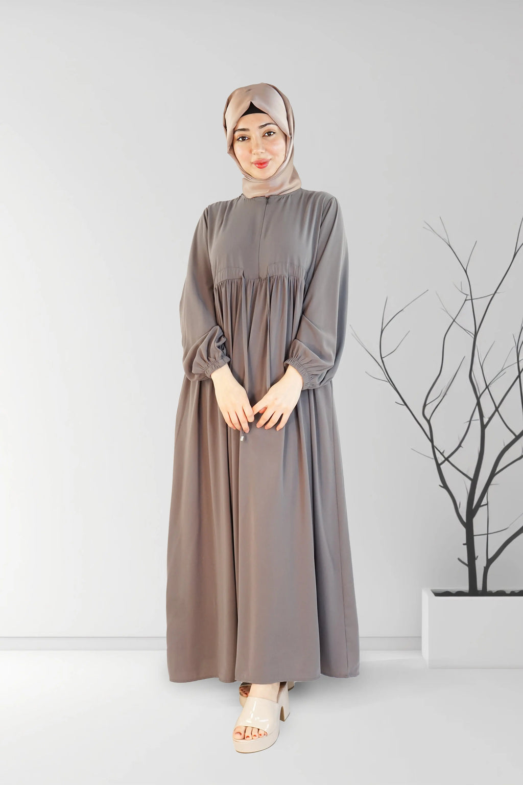 Long Summer Dress with Belt Grey | Almanaar Islamic Store