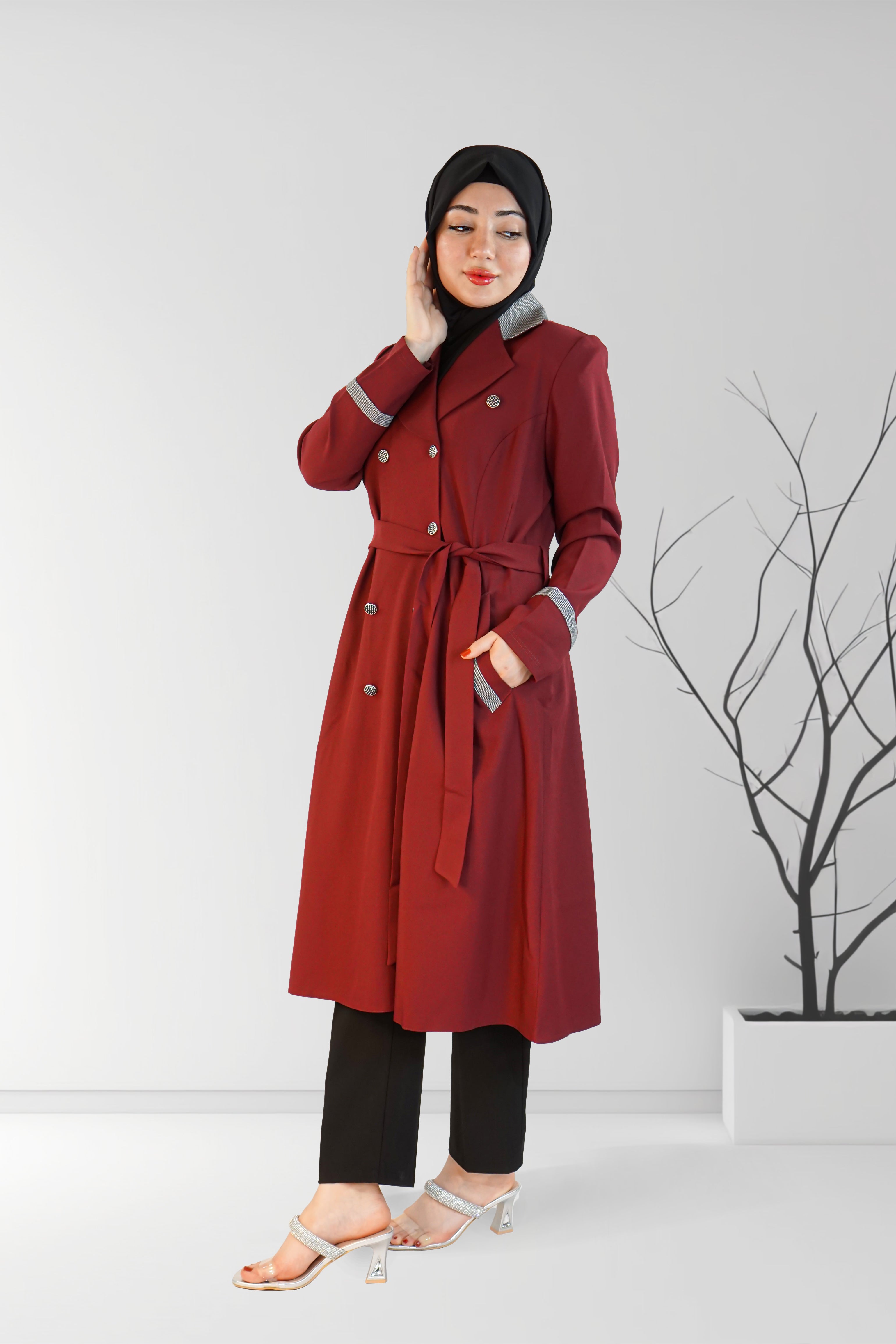 Short Check Collar Stylish Coat Maroon | Almanaar Islamic Store