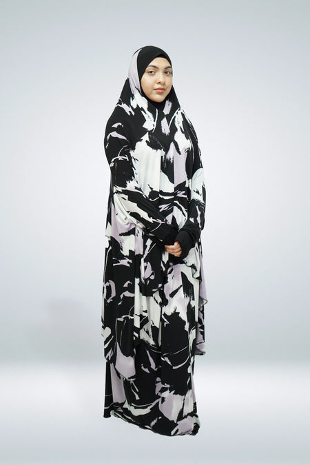 Two Piece Jersey Material Printed Prayer Dress Black - almanaar Islamic Store