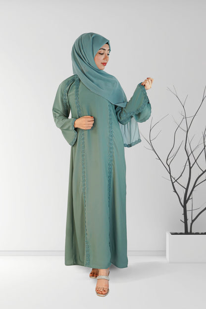 Flower Lace One Button Luxury Abaya Sea Green | Almanaar Islamic Store