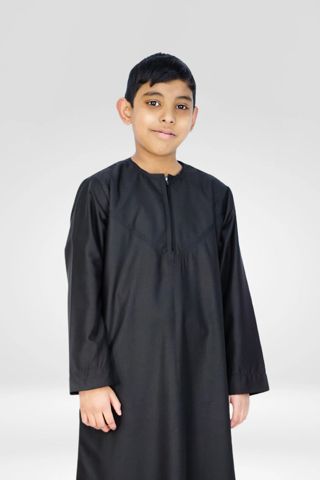 Omani Style Collarless Kids Thobe with Zip- Black almanaar