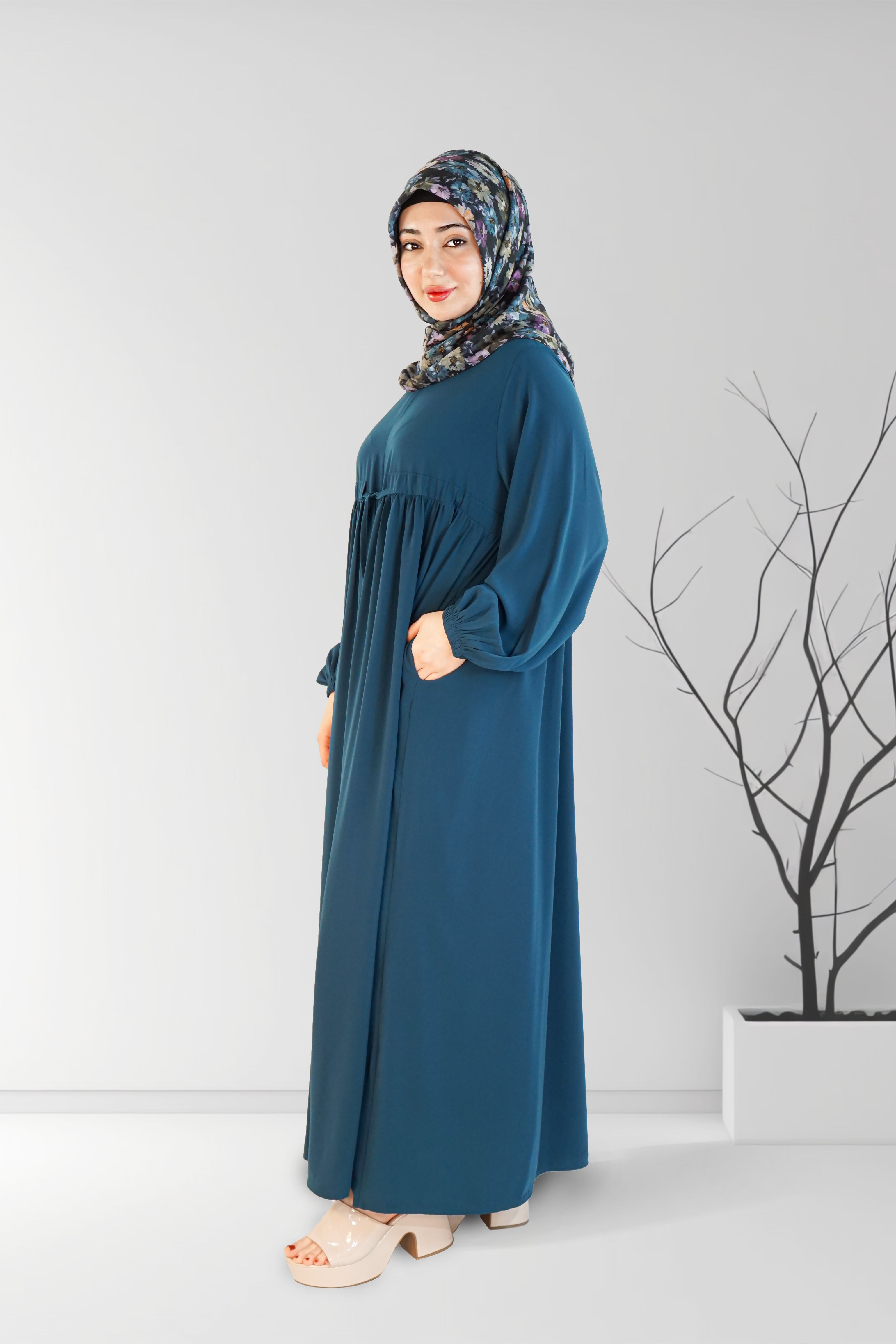 Long Summer Dress with Belt Teal | Almanaar Islamic Store