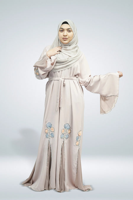 Light Pink Open Abaya with Flower Bead Embellishments - almanaar Islamic Store