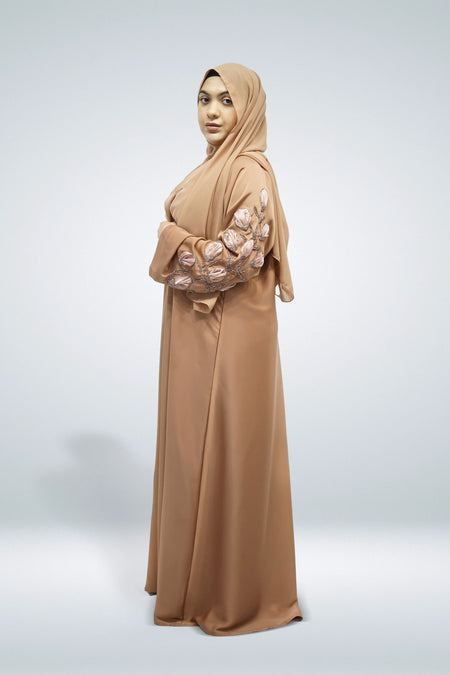 Nude Open Abaya with Belt and Intricate Sleeve Work - almanaar Islamic Store