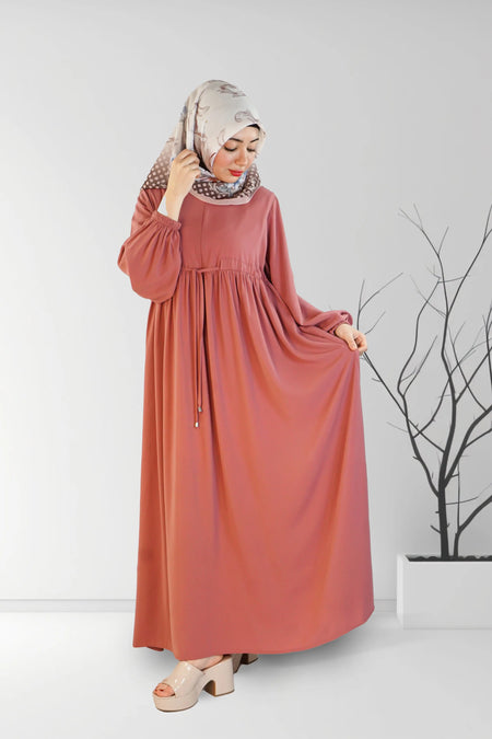 Long Summer Dress with Belt Light Peach | Almanaar Islamic Store