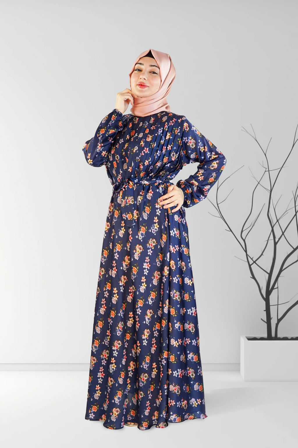 Satin Floral Printed Long Dress with Belt Navy | Almanaar Islamic Store